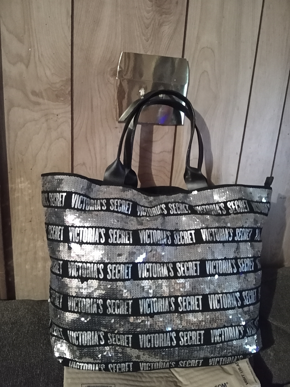 Victoria's Secret Silver Sequin Large Tote with Black Logo Straps